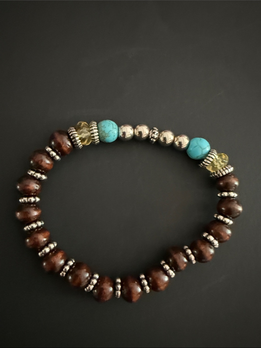 Artisan Turquoise Color Stone Wood Silver Tone Beaded Stretch Bracelet 8.5”